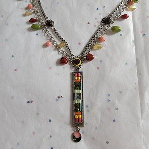 NEW ADAYA RECTAGULAR SEED BEAD & CRYSTAL PENDANT MOSAIC STYLE NECKLACE